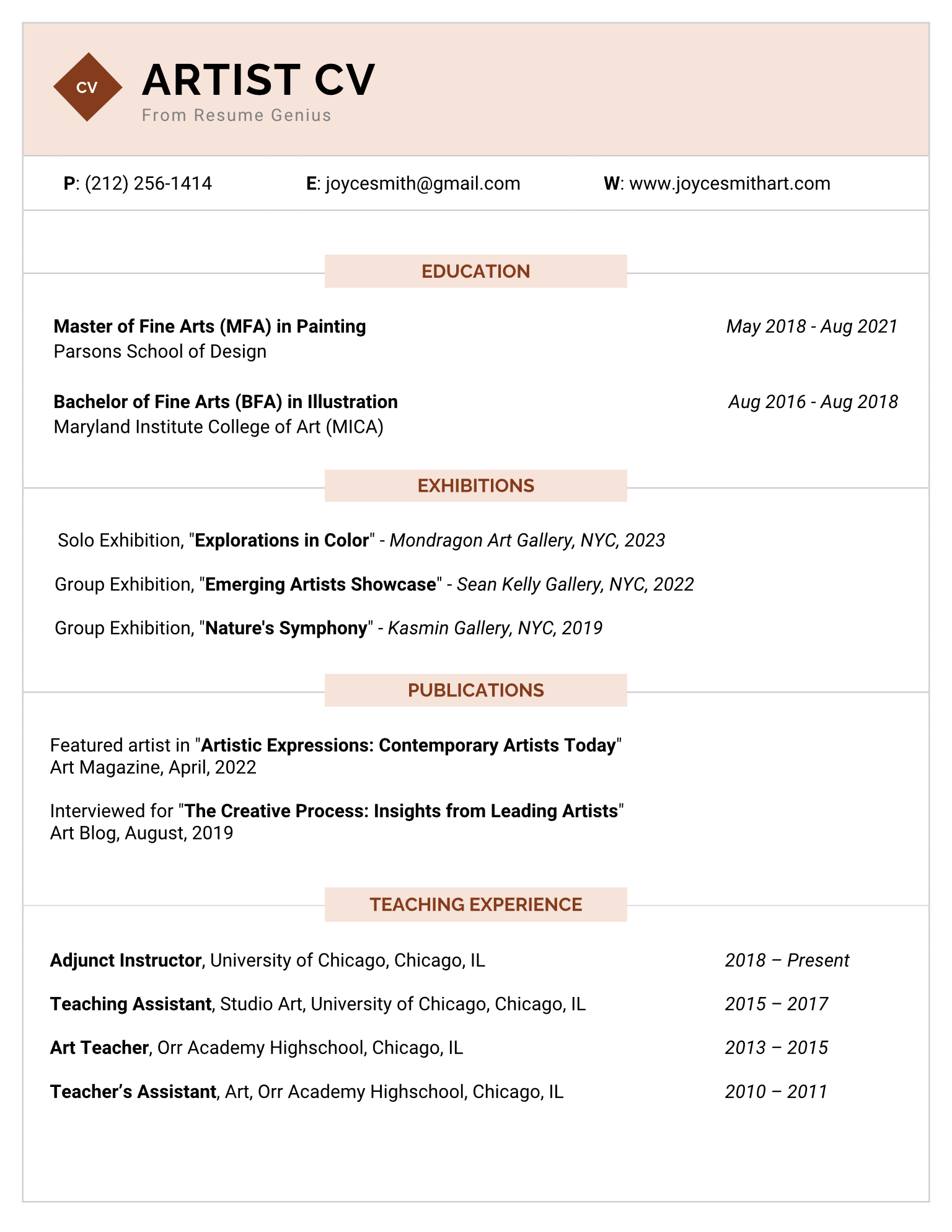 Example of a CV for an artist, with an orange color scheme and elegant, formal design.