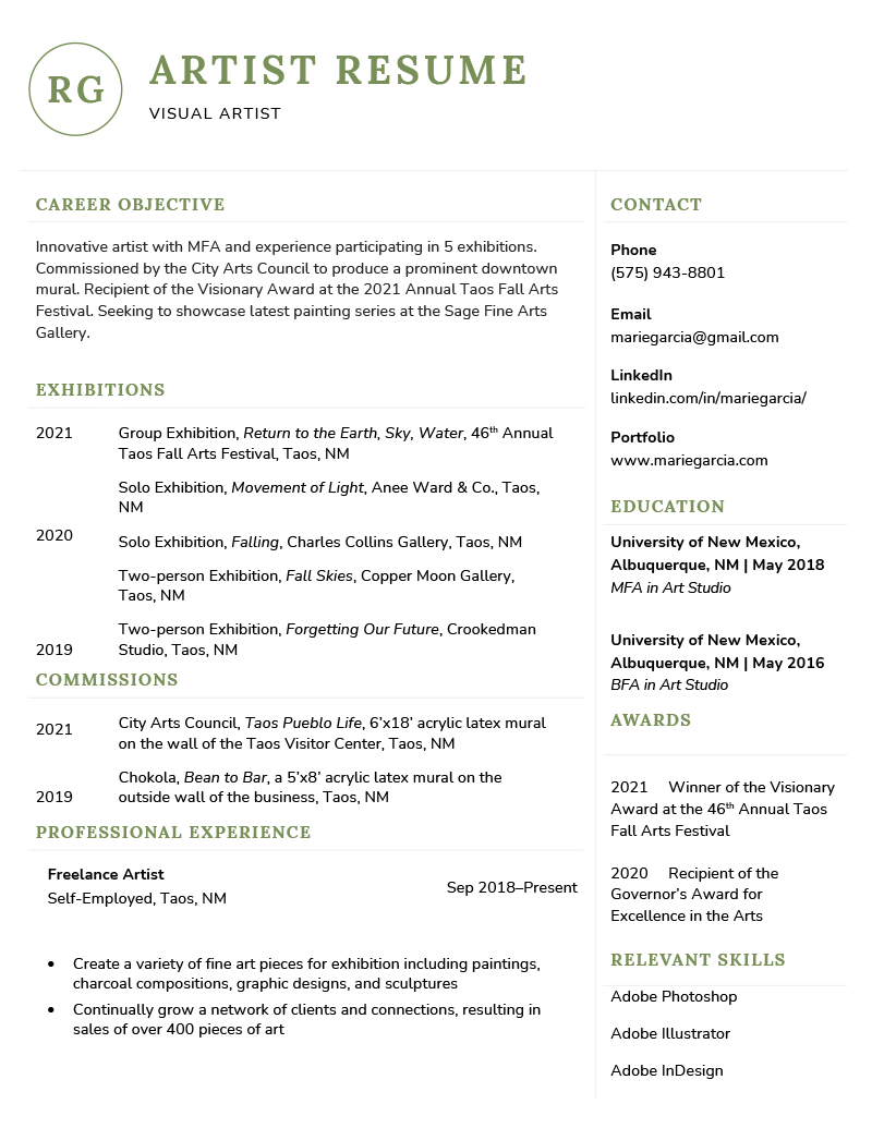Example of an artist resume