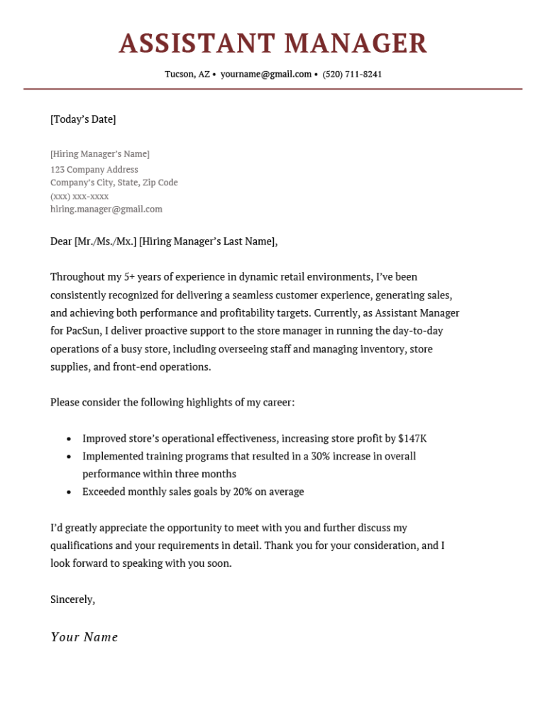 cover letter examples assistant manager