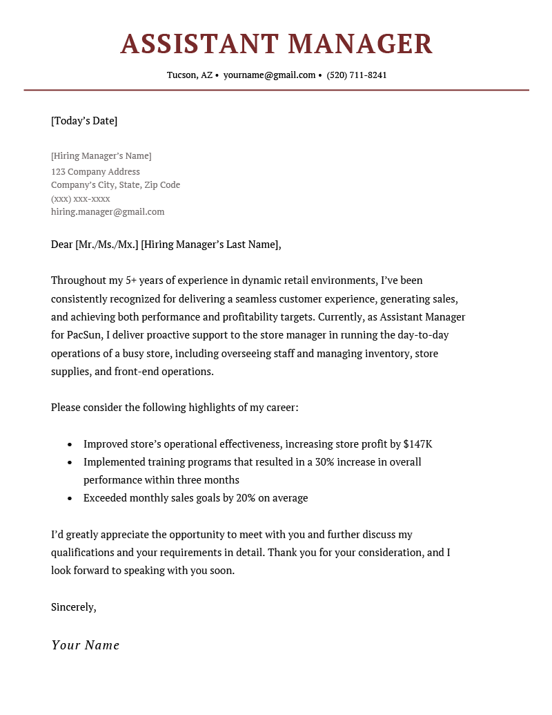 Assistant Manager Cover Letter Sample Template