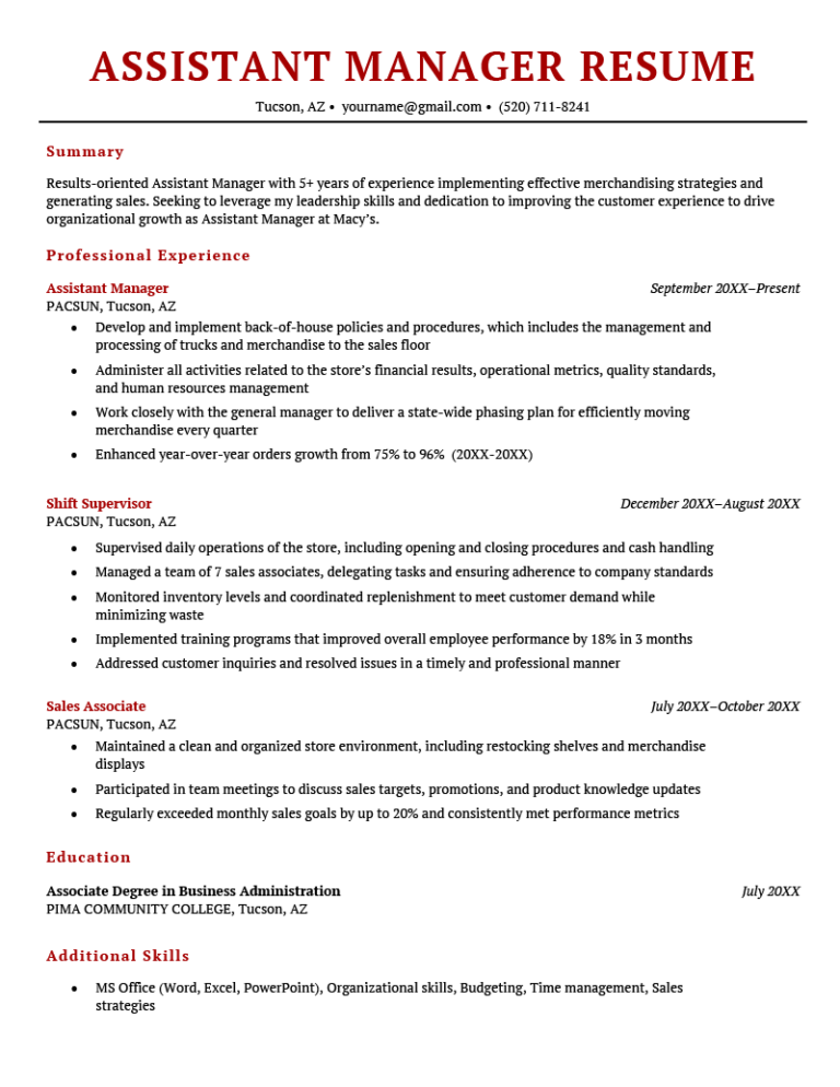 assistant manager job description for resume