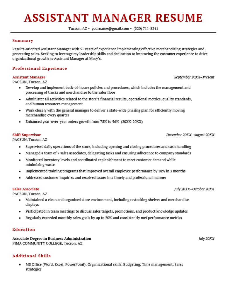 resume sample manager