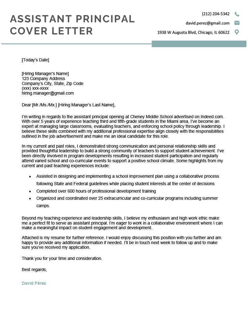 Assistant principal cover letter sample