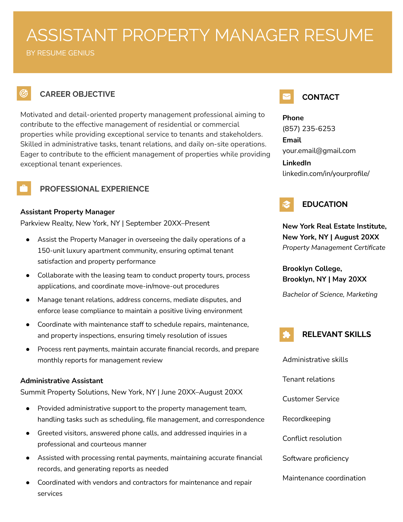 Resume Example for an Assistant Property Manager.