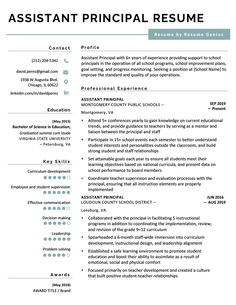 example of an assistant principal resume template