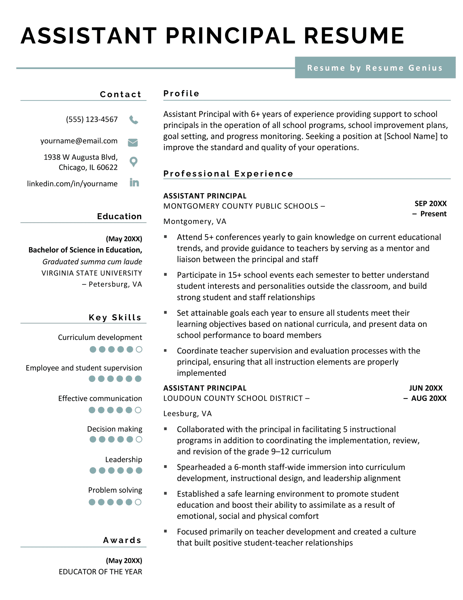 assistant principal job summary for resume