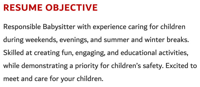 A babysitter resume objective example with a red header