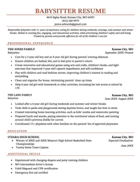 Babysitter Resume Sample