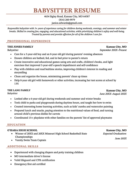 Babysitter Resume Sample