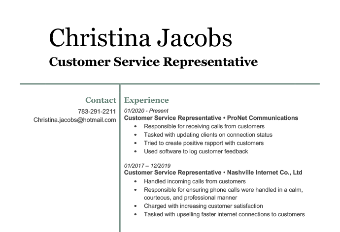 A bad resume with unspecific information such as "tasked with updating clients" and "responsible for receiving calls from customers"