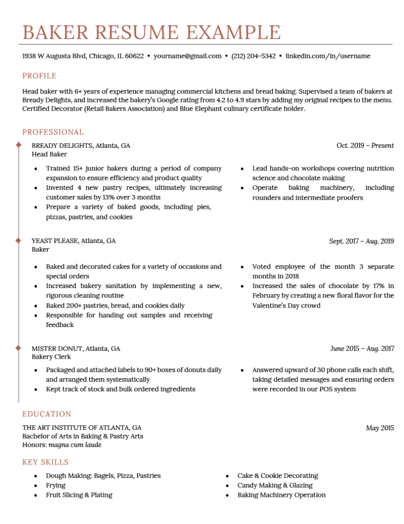 resume summary example for baker