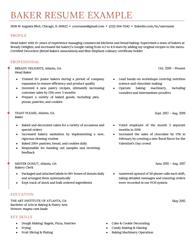 A baker resume sample and template with sections for the applicant's contact details, resume summary, work history, education, and additional skills