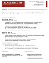 A baker resume sample and template with sections for the applicant's contact details, resume summary, work history, education, and additional skills