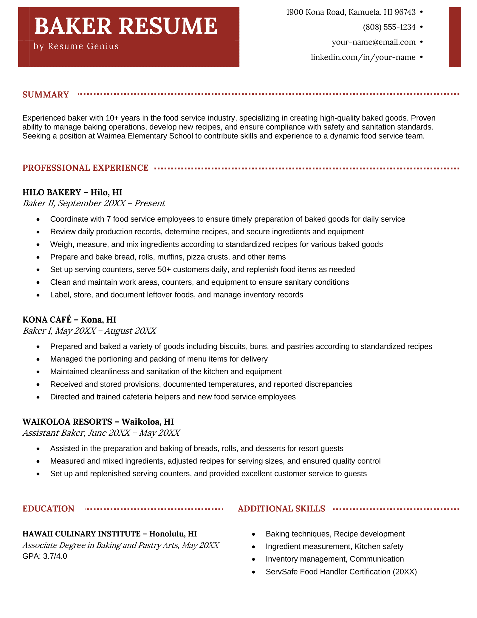 A baker resume sample and template with sections for the applicant's contact details, resume summary, work history, education, and additional skills