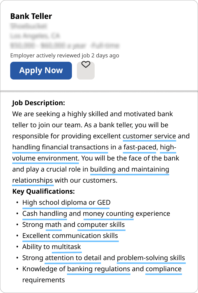 Image of a bank teller job description in a job ad.
