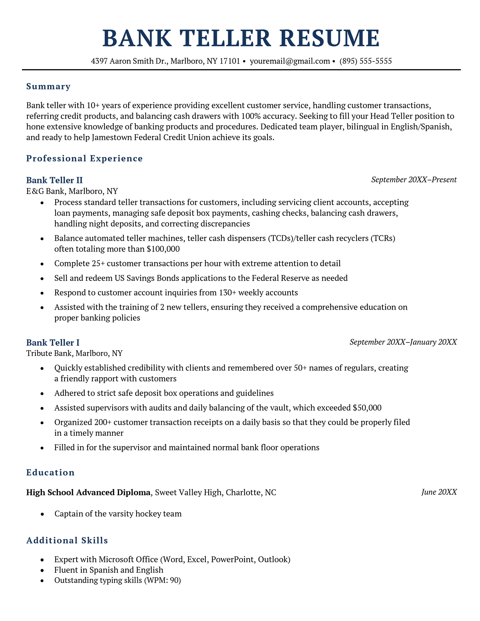 A bank teller resume example with dark blue header text