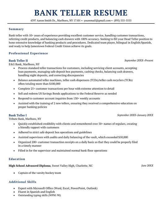 A bank teller resume example with dark blue header text