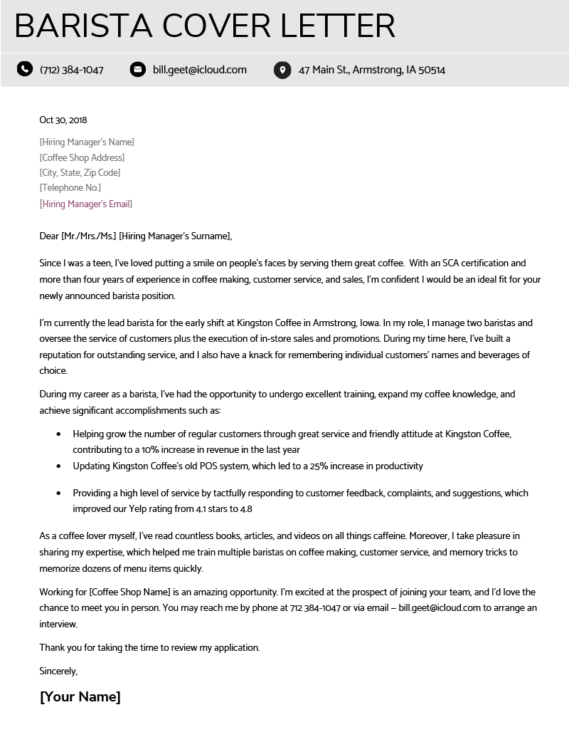 cover letter for entry level barista job