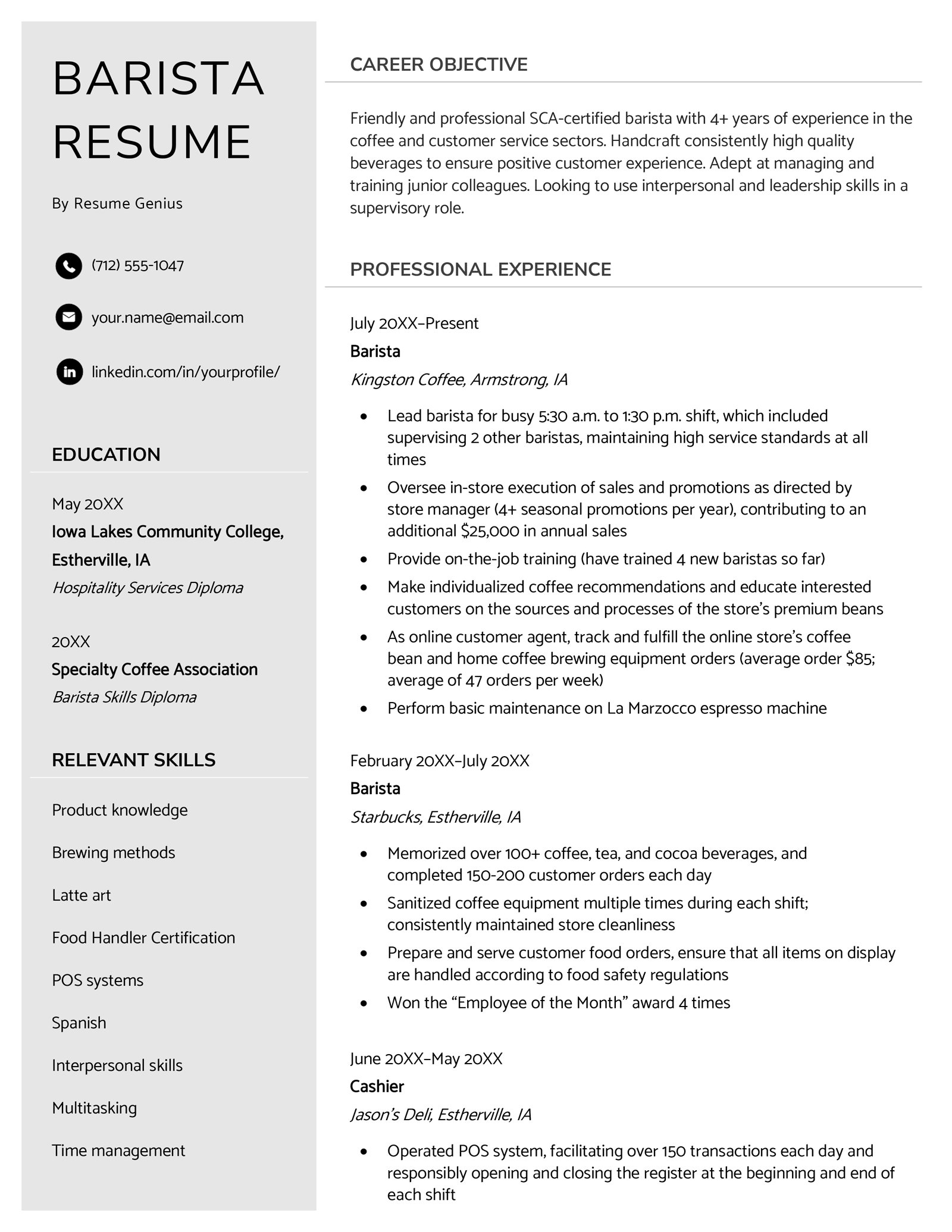 Example of a resume for a barista on a simple gray and white template.