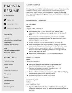 Example of a resume for a barista on a simple gray and white template.