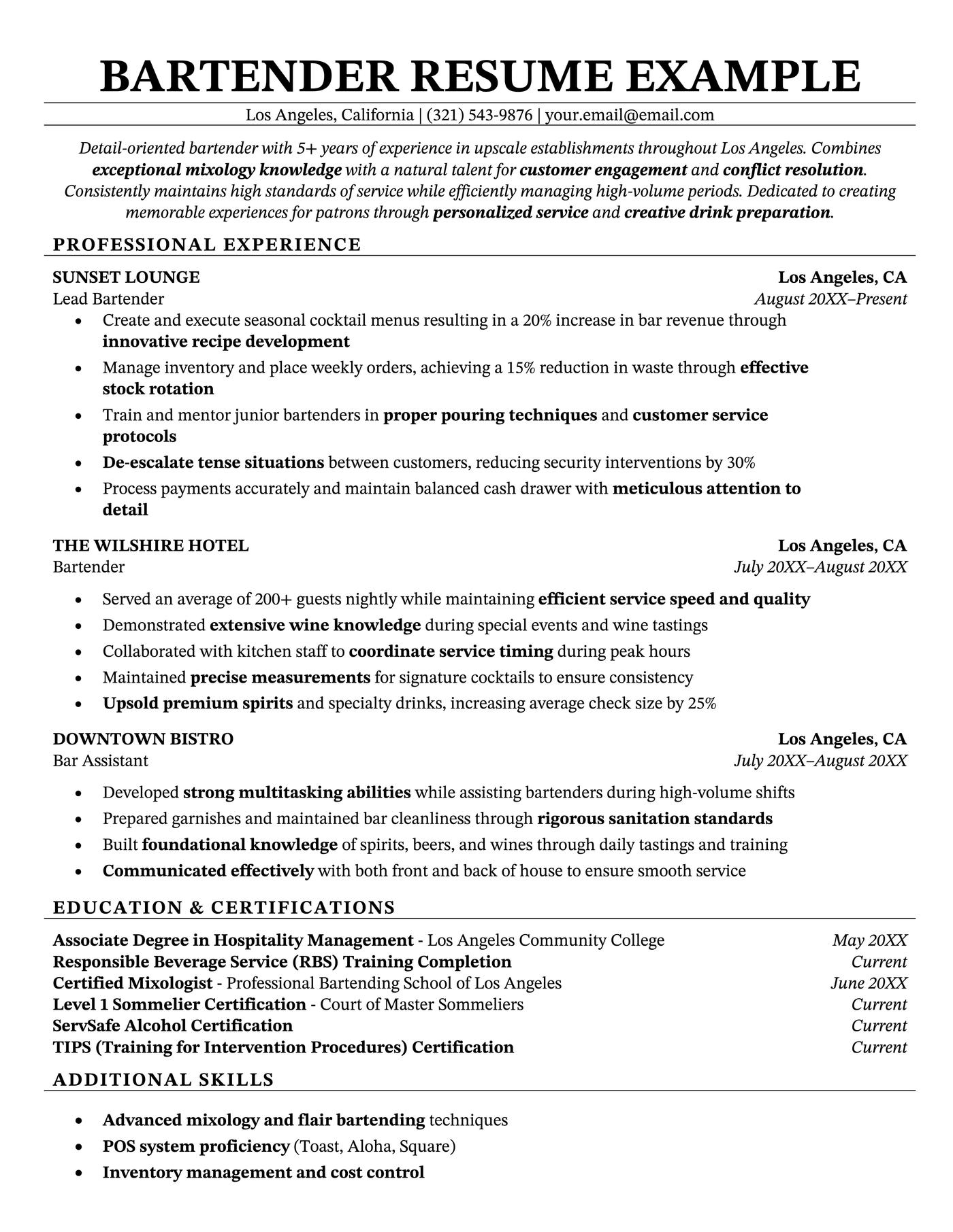 A good example of a bartender resume with skills in bold. 