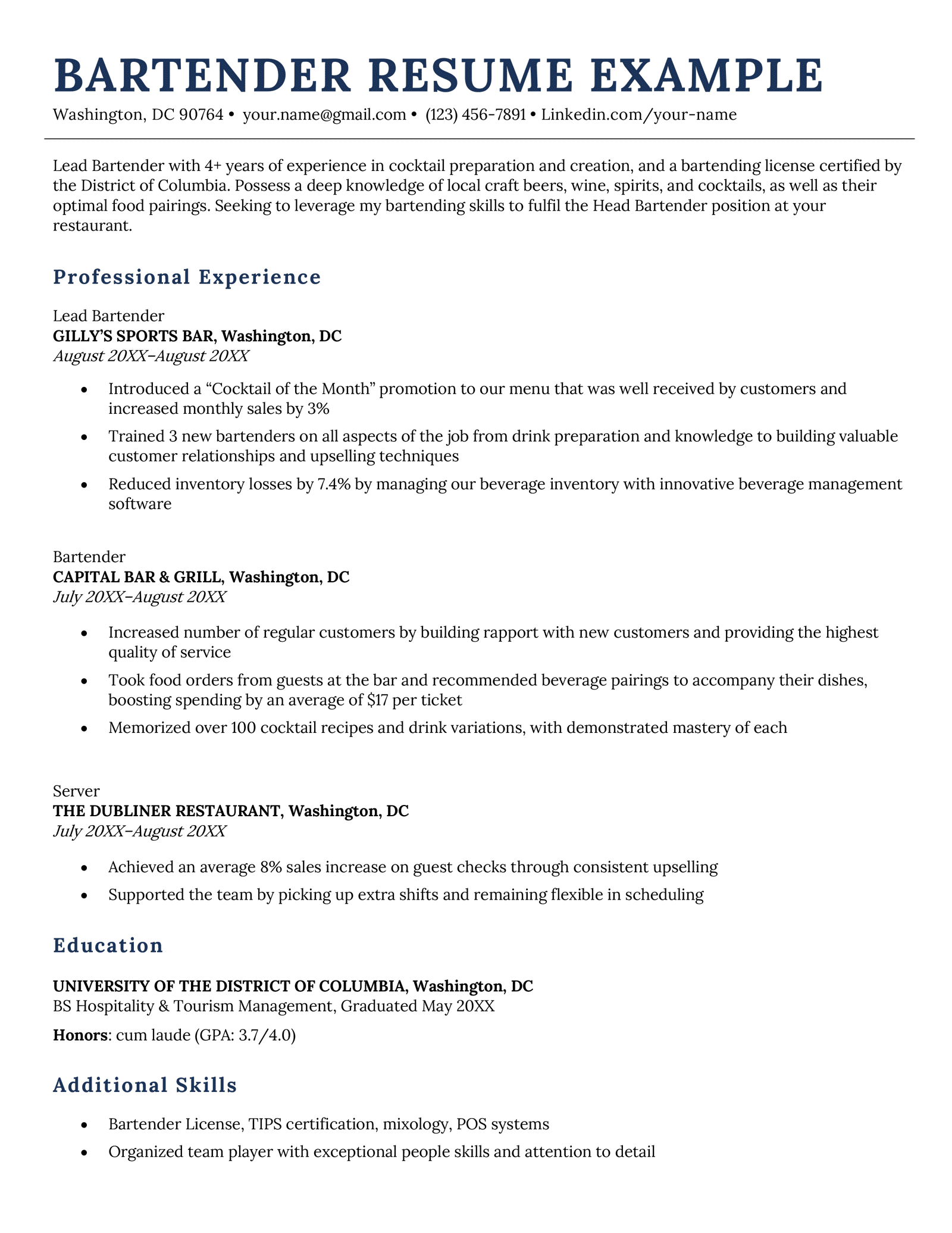 resume objective examples for bartender