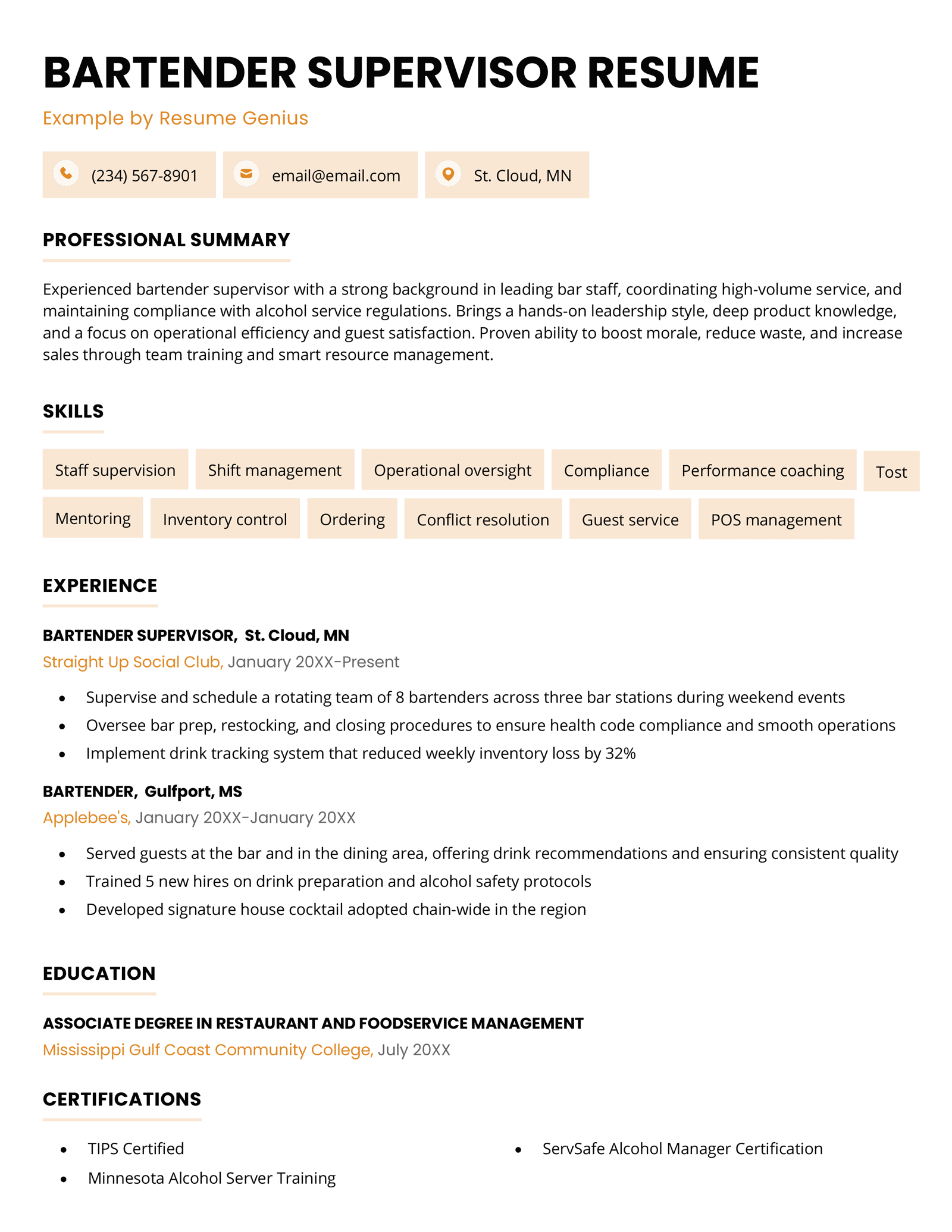 A bartender supervisor resume example.