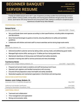 Beginner banquet server resume example and template