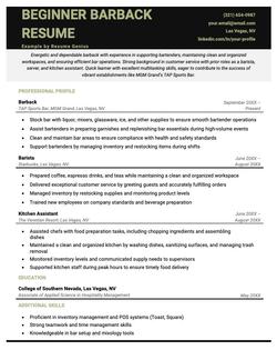 Example of a resume written by a beginner barback