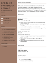 A beginner bartender resume example.