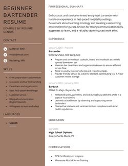 A beginner bartender resume example.