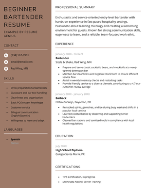 A beginner bartender resume example.