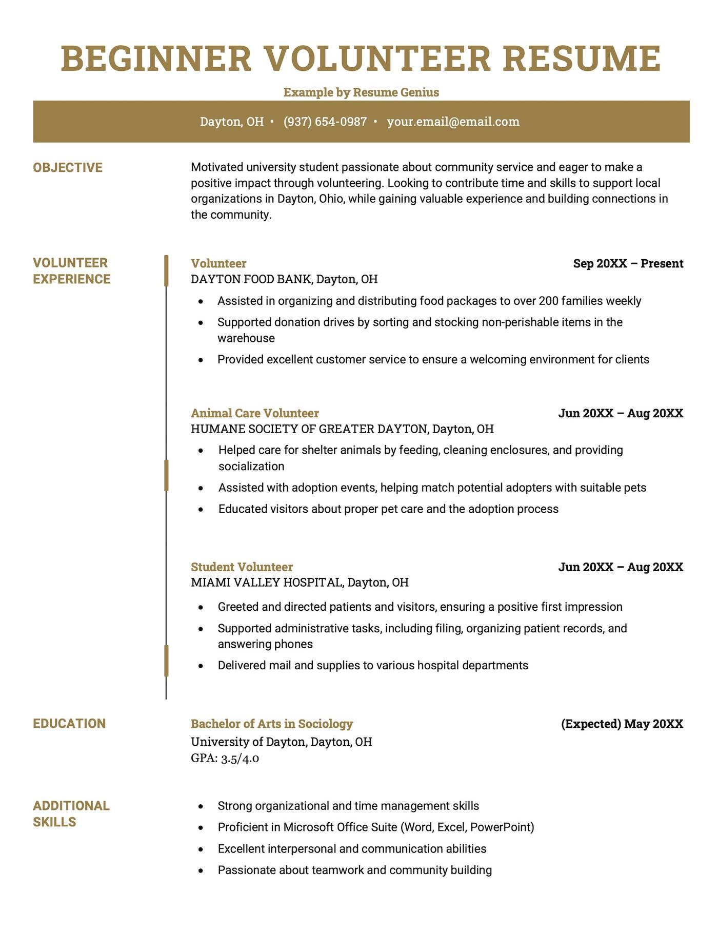 A resume example for a beginner volunteer.