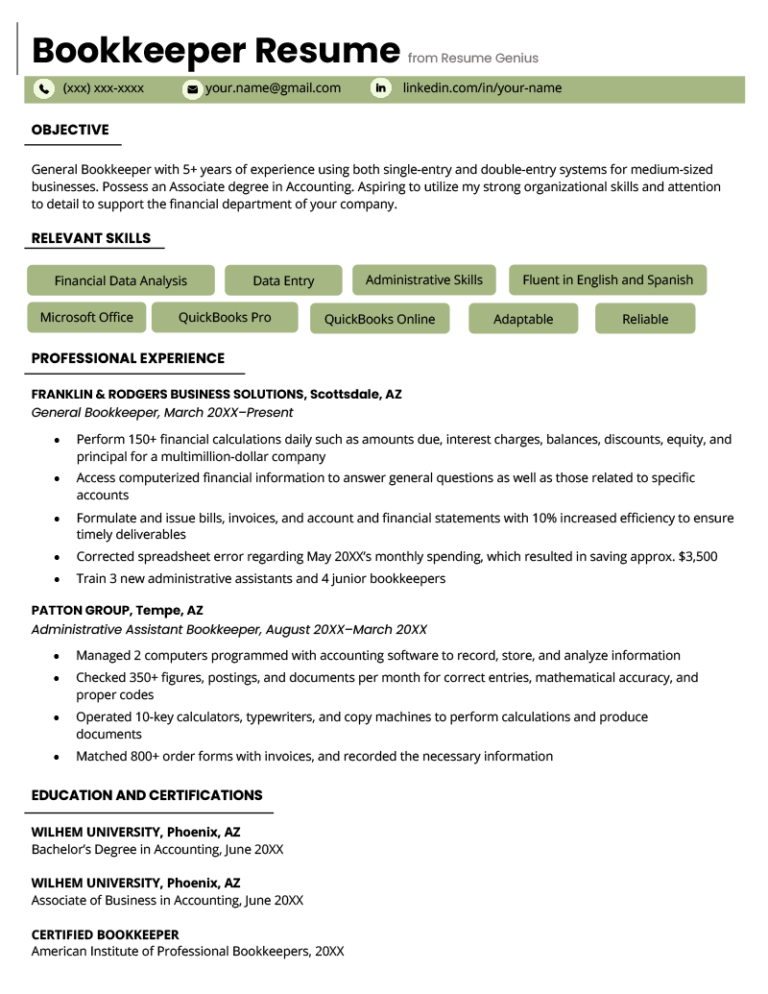 Bookkeeper Resume Sample Free for Download