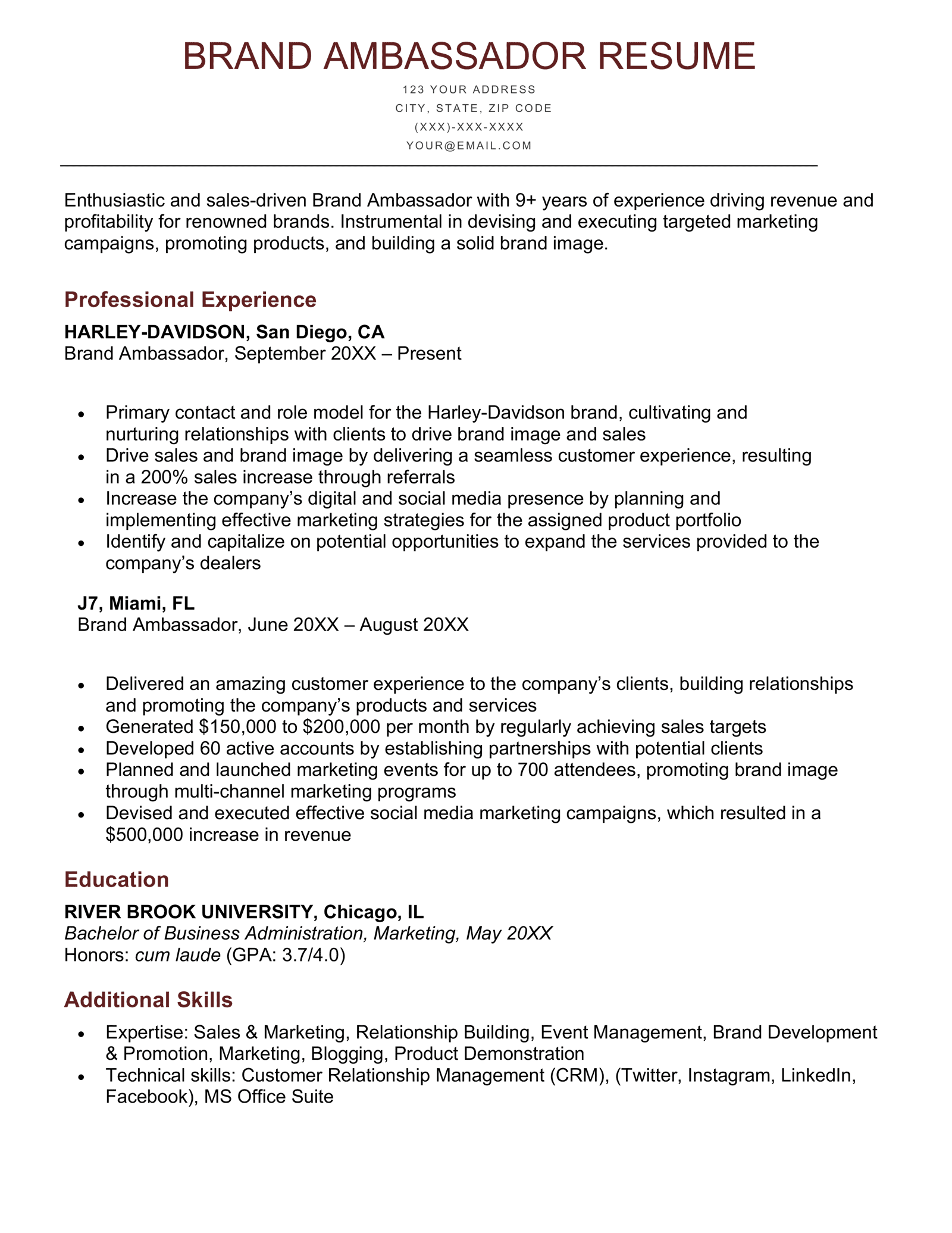 A brand ambassador resume sample