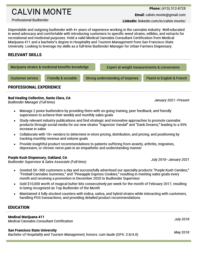 Budtender Resume Example + How to Land a Dispensary Job