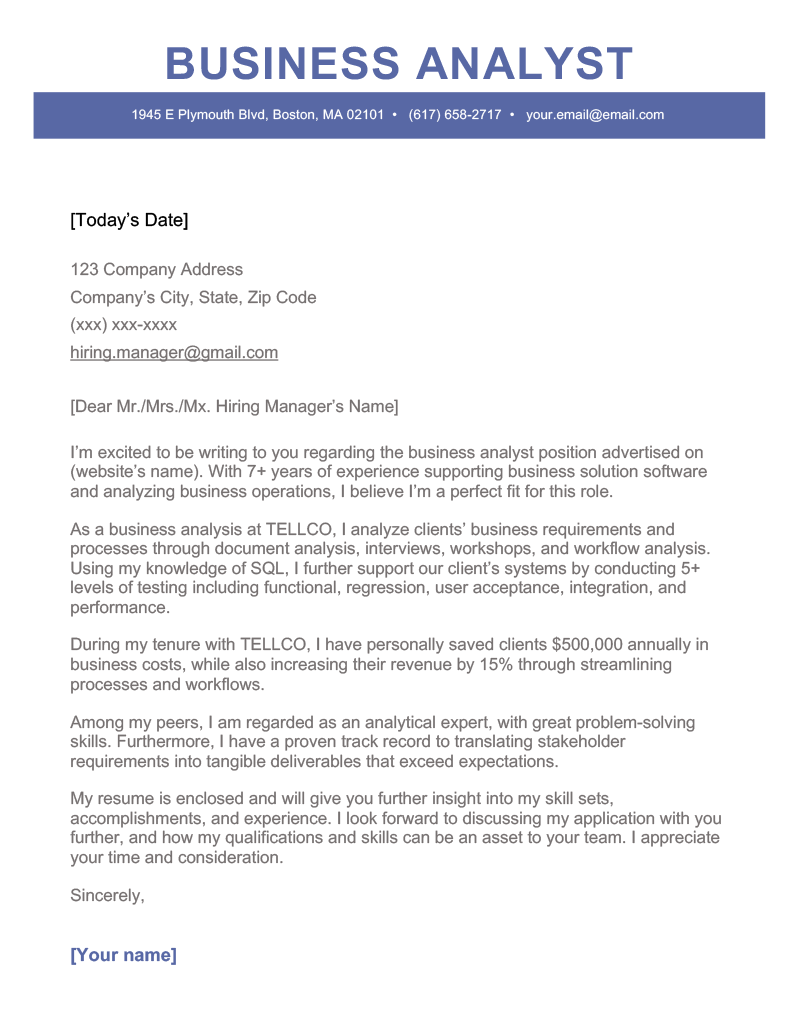An example of a business analyst cover letter