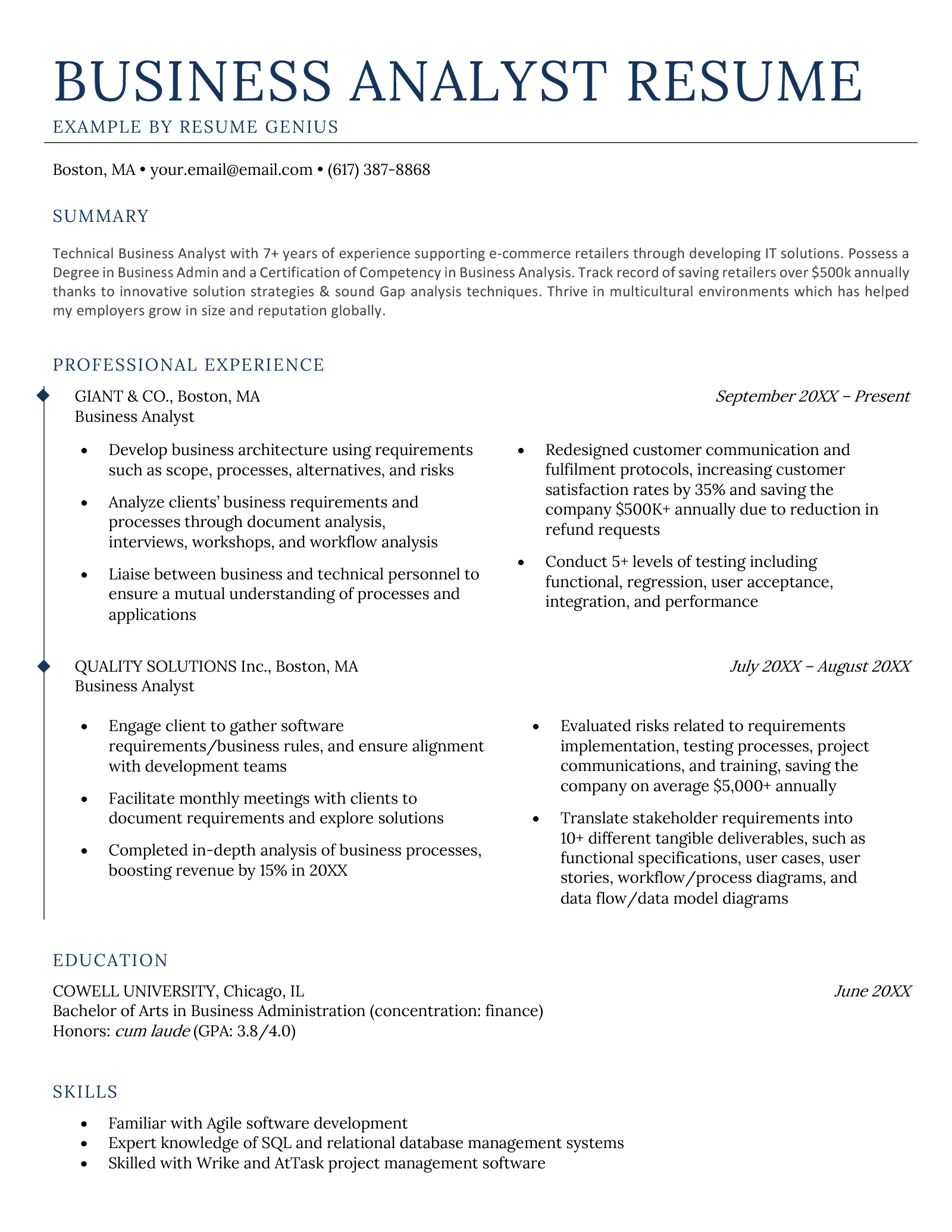 An example of a business analyst resume with blue text and a large font to help the applicant's name stand out