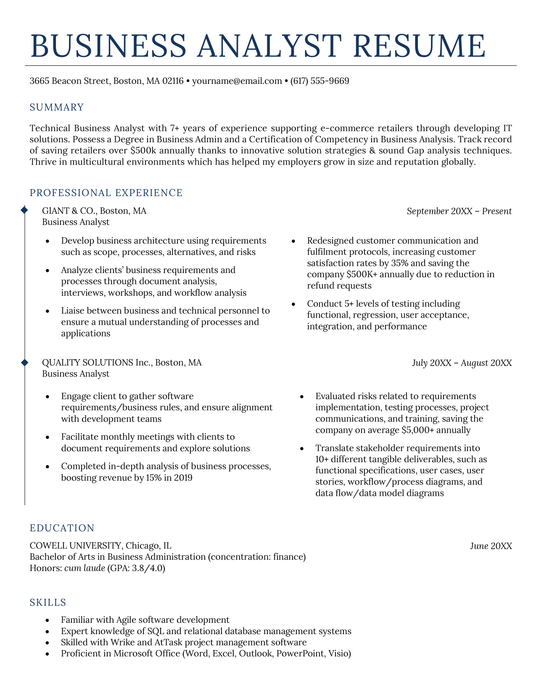 An example of a business analyst resume with blue text and a large font to help the applicant's name stand out