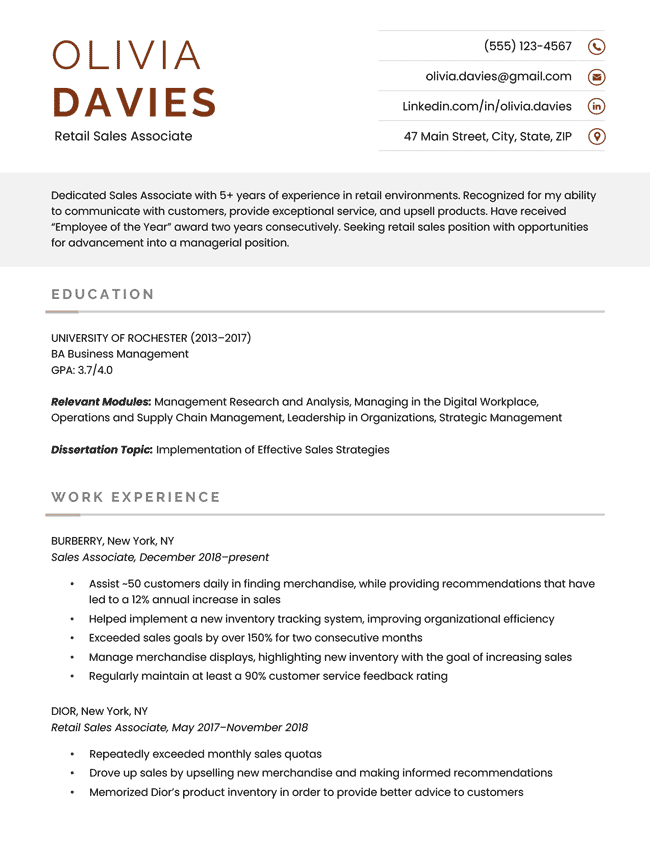 The Business CV template, featuring the applicant's name and contact information icons bolded in red in the header, and a light gray shaded bar to highlight the objective section