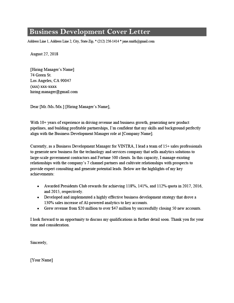 Sample Cover Letter Business Development Manager