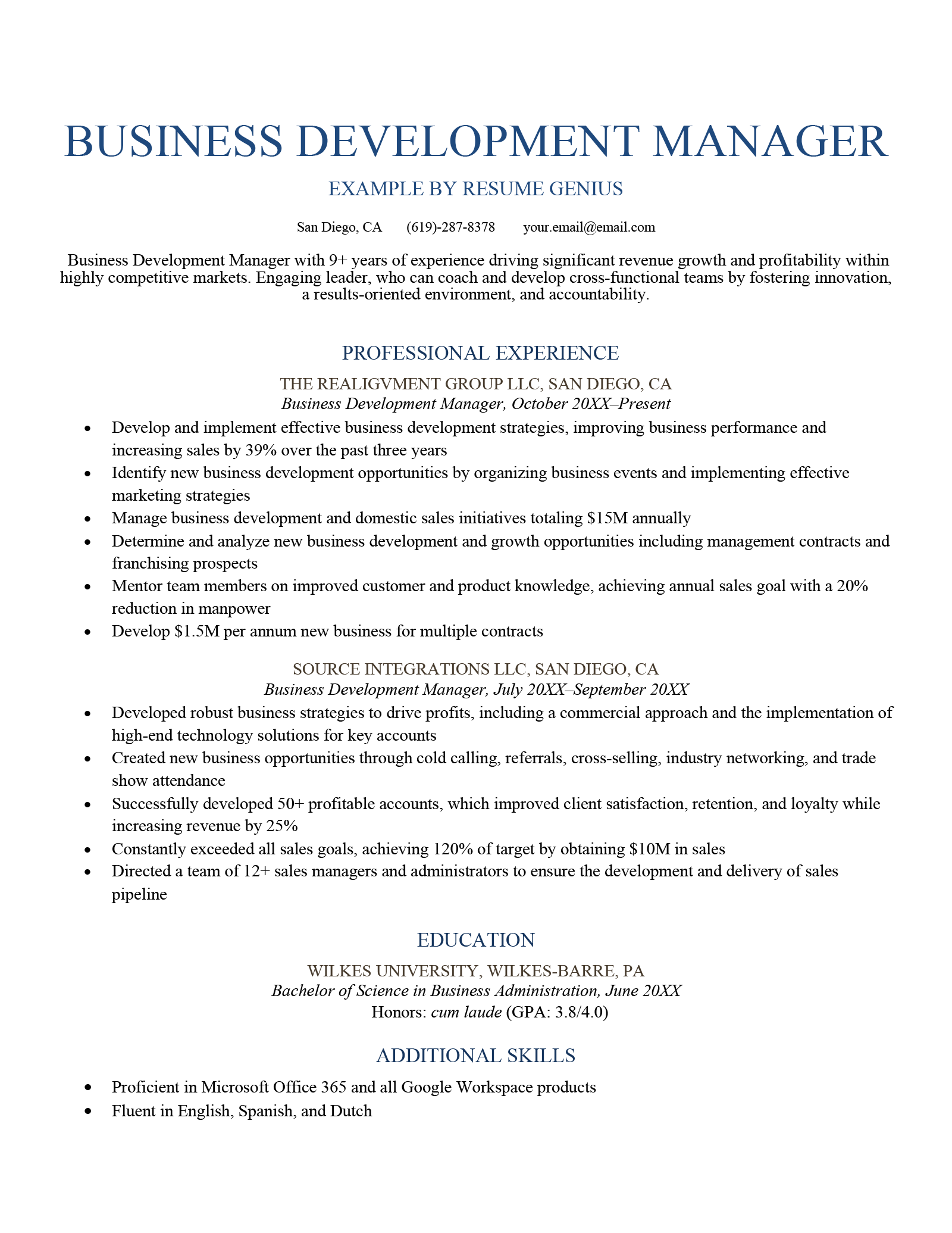 resume sample of business development manager