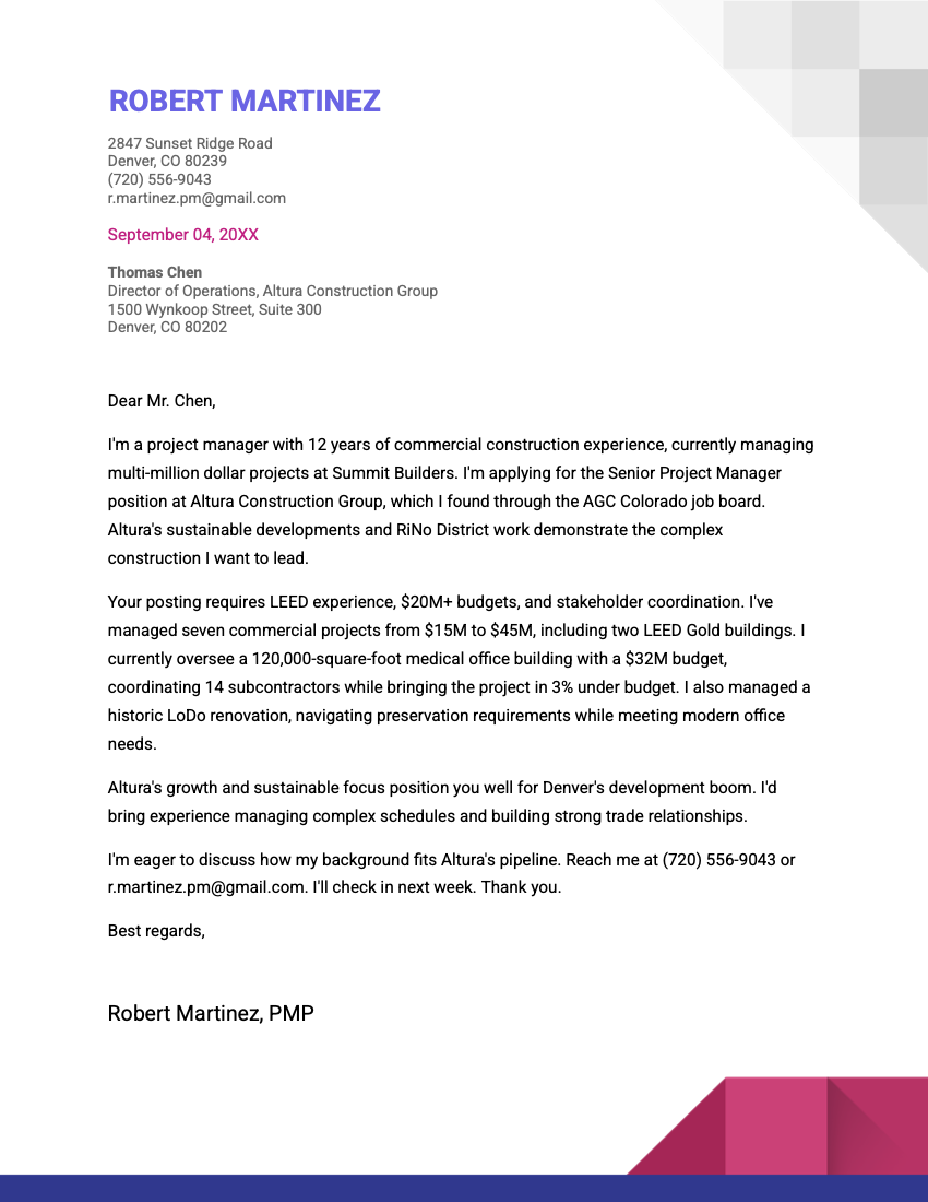 An example of the "Geometric" cover letter template for Google Docs