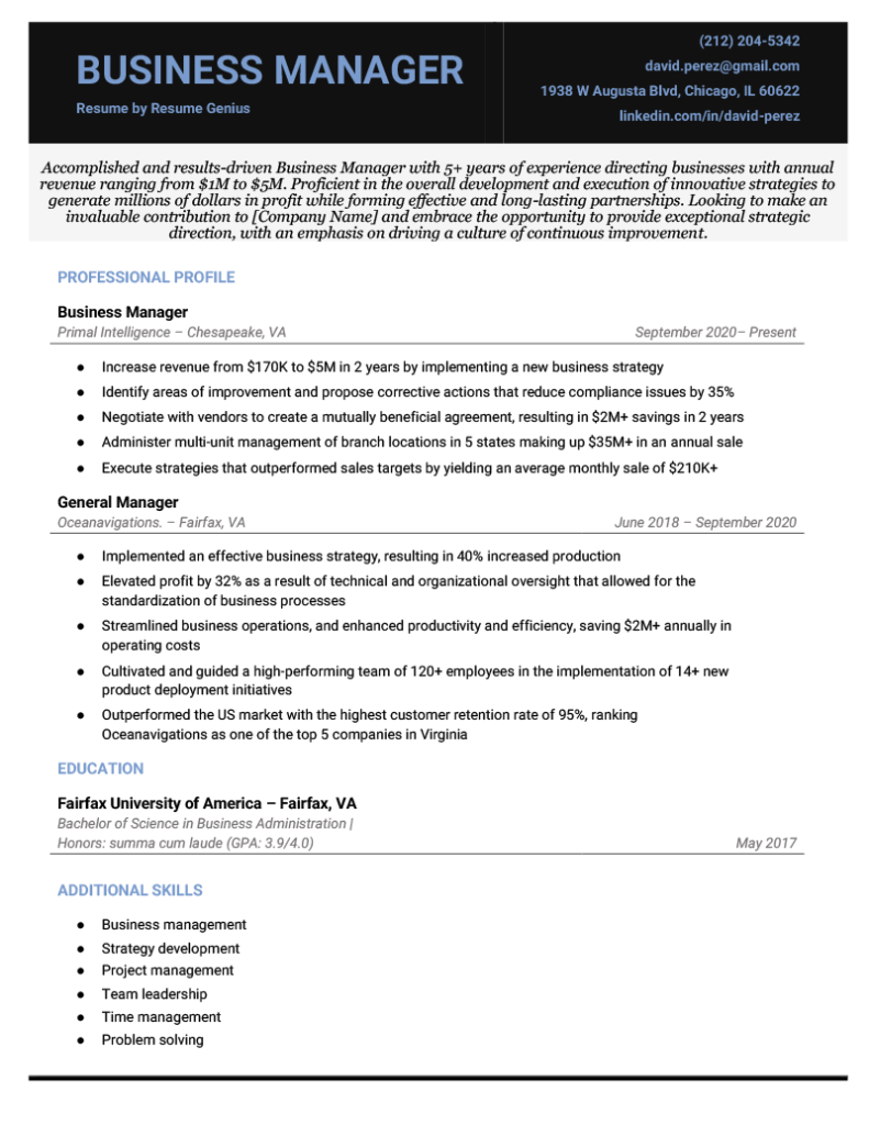 resume sample of business manager