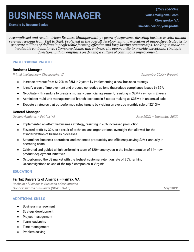 resume sample of business manager