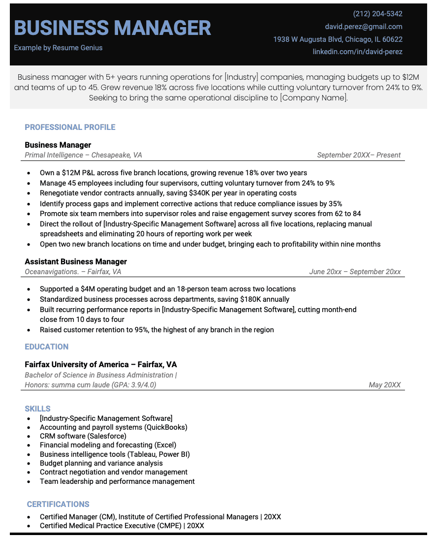 an example of a business manager resume template