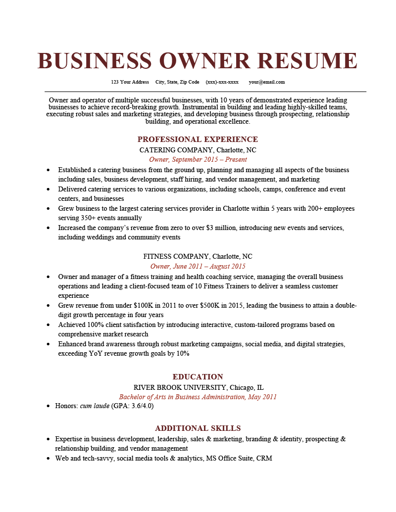 Business Owner Resume Sample