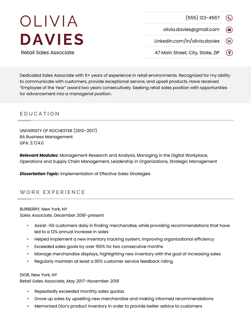 First page of the business two-page resume example template, containing the candidate's name, contact info, objective, education, and some work experience. 