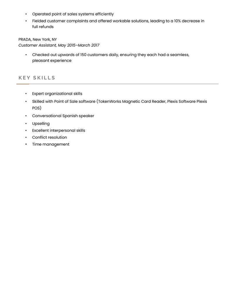 Second page of the business two-page resume example template, containing some additional work experience and a skills section. 