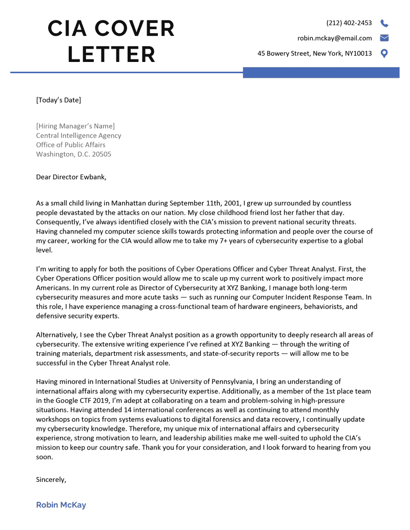 CIA cover letter sample template